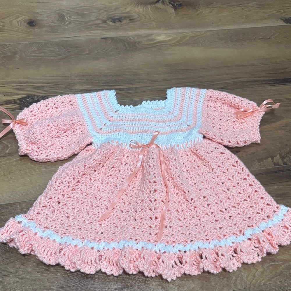 Handmade Coral and White Crochet Baby Easter Dress approx 18-24months